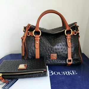 Small Dooney and Bourke Ostrich Florentine Leather Black and Tan Brown Satchel